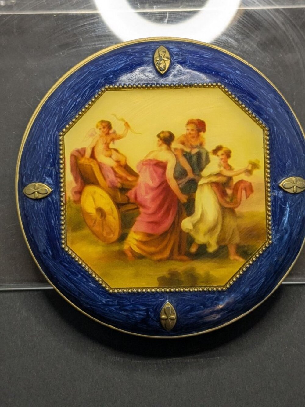 Vtg. Royal Vienna Style Round Jewelry Trinket Dish Lid Enameled Blue Gold Accen
